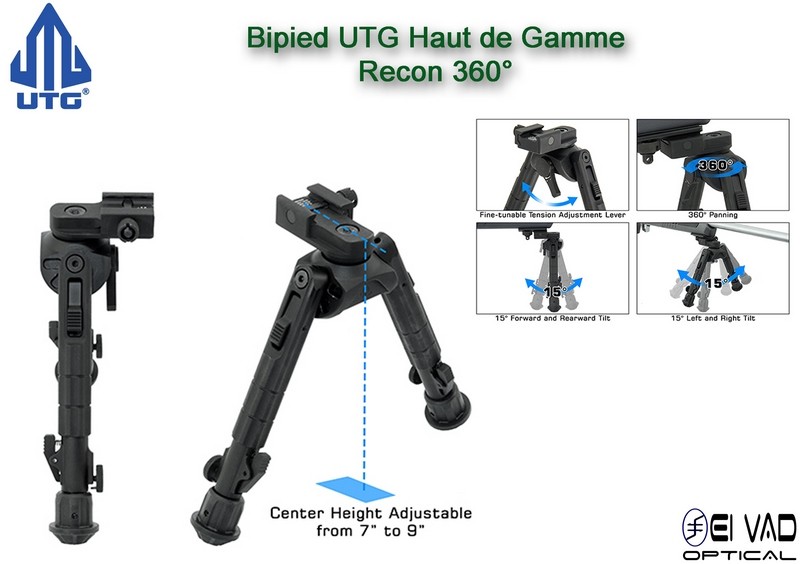 Bipied UTG Tactique Recon 360 Version B - Rail picatinny ou grenadière