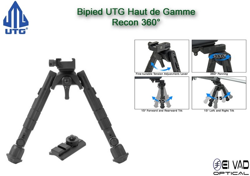 Bipied UTG Tactique Recon 360 Version B - Rail picatinny ou grenadière