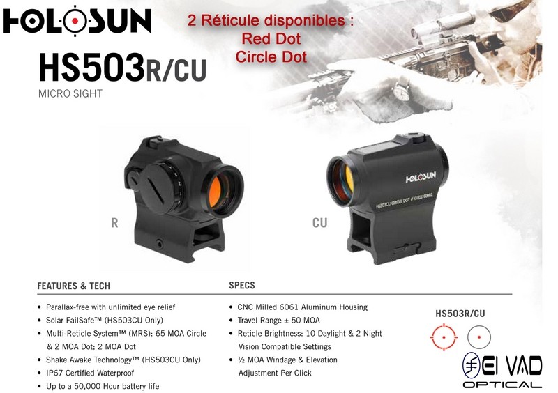 Point Rouge HOLOSUN HS 503 R - Point 2 MOA ou Cercle 65 MOA