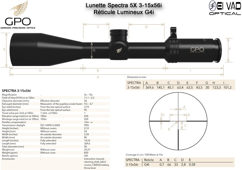 Lunette Chasse GPO SPECTRA 5X 3-15x56i – Réticule Lumineux G4i par Fibre Optique