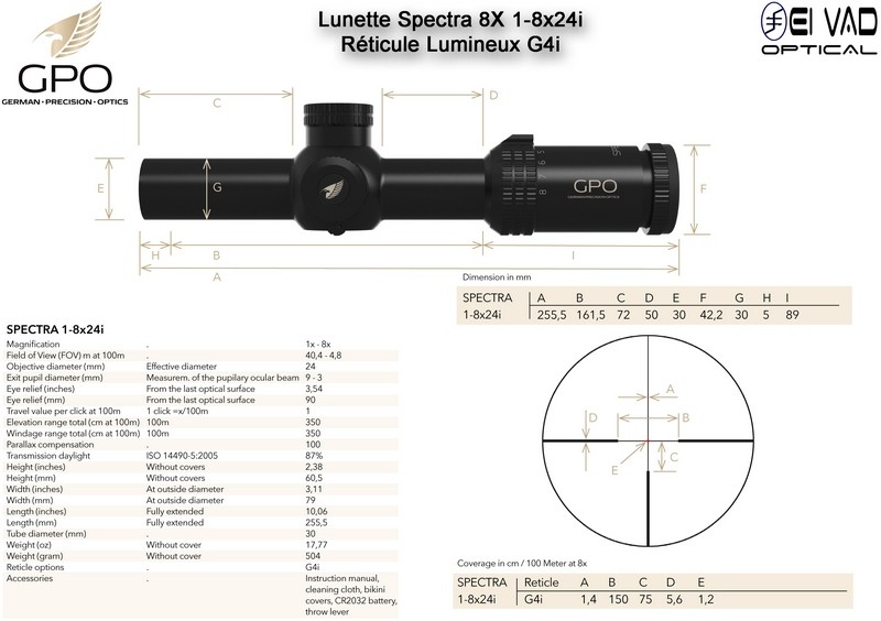 Lunette Chasse GPO SPECTRA 8X 1-8x24i - Réticule Lumineux G4i par Fibre Optique