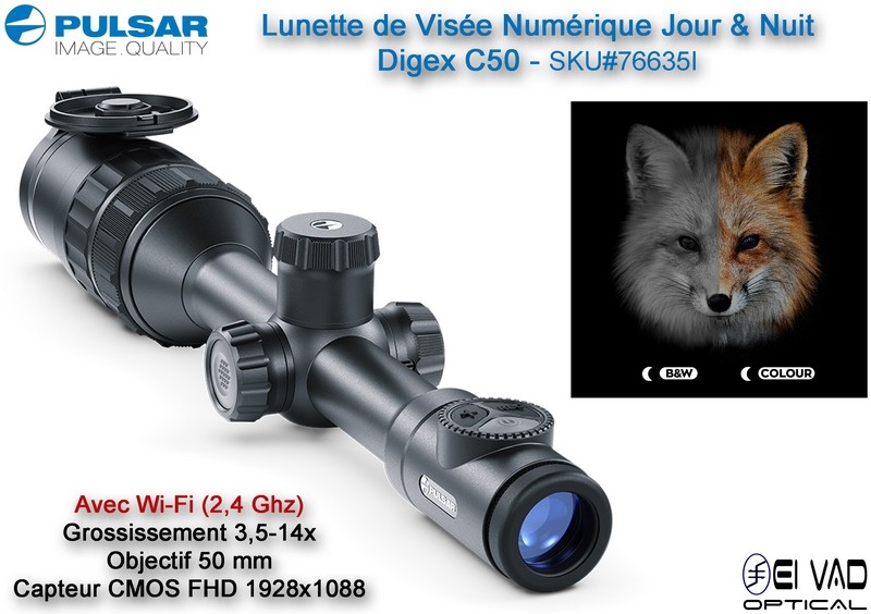 PULSAR - Lunette de Visée Numérique Jour & Nuit - Digex C50 - Lampe Digex-X940S