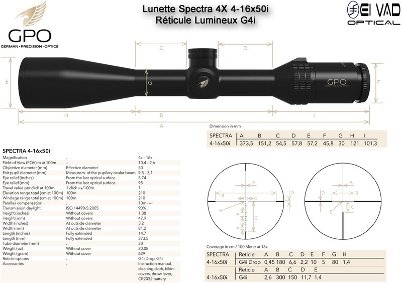 Lunette Chasse GPO SPECTRA 4X 4-16x50i - Réticule Lumineux G4i par Fibre Optique