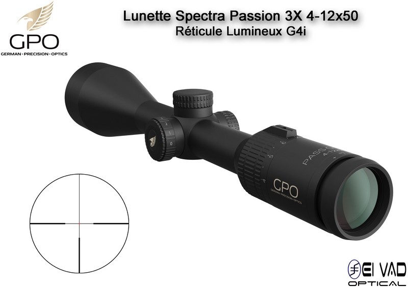 Lunette Chasse GPO SPECTRA PASSION 3X 4-12×50 – Réticule Lumineux G4i par Fibre Optique