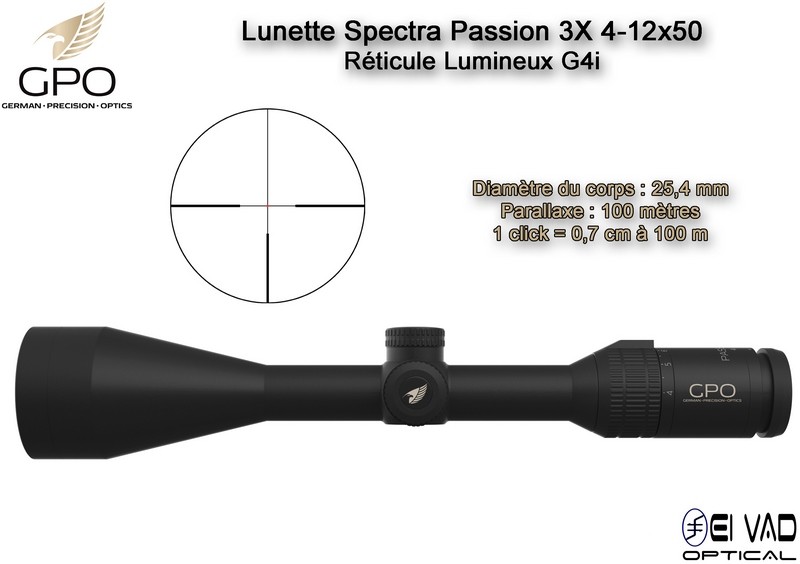 Lunette Chasse GPO SPECTRA PASSION 3X 4-12×50 – Réticule Lumineux G4i par Fibre Optique