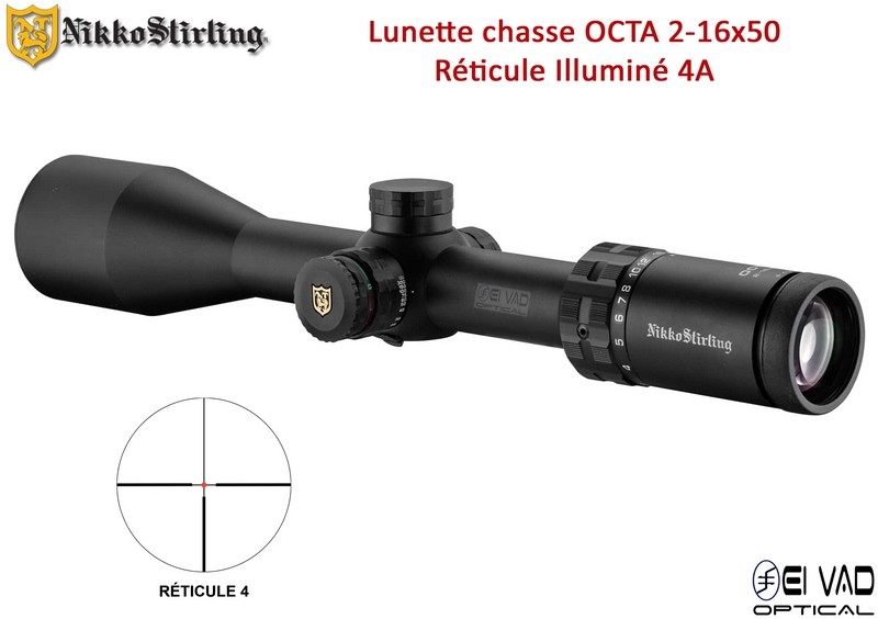 Lunette de Chasse Nikko Stirling OCTA 2-16x50 - Réticule 4A lumineux