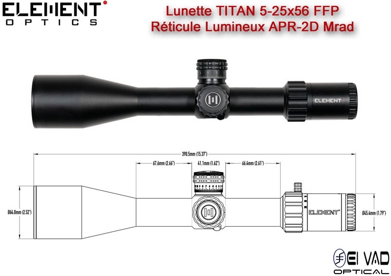 Lunette Element Optics TITAN ED 5-25x56 FFP - Réticule Lumineux APR-2D MRAD