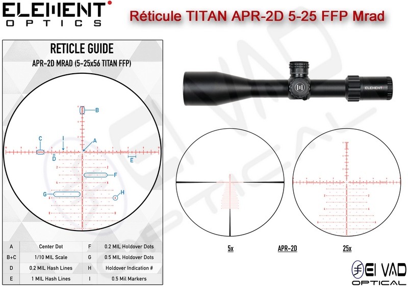 Lunette Element Optics TITAN ED 5-25x56 FFP - Réticule Lumineux APR-2D MRAD
