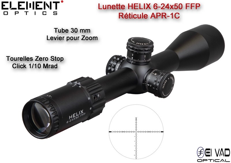 Lunette Element Optics HELIX 6-24x50 FFP - Réticule Lumineux APR-1C MRAD