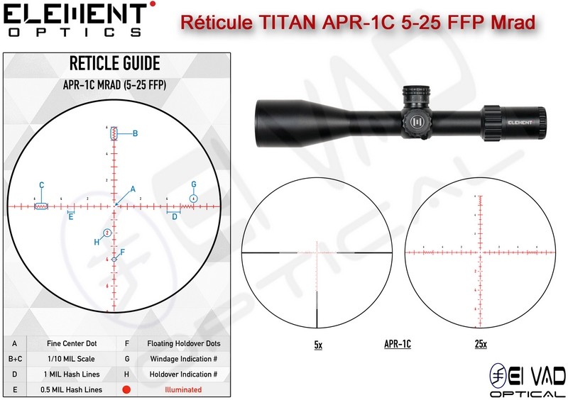 Lunette Element Optics TITAN ED 5-25x56 FFP - Réticule Lumineux APR-1C MRAD