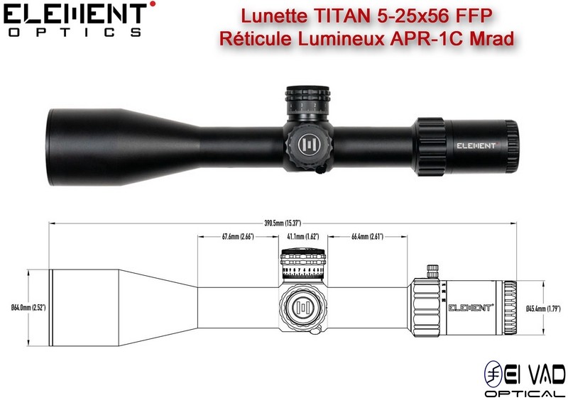 Lunette Element Optics TITAN ED 5-25x56 FFP - Réticule Lumineux APR-1C MRAD