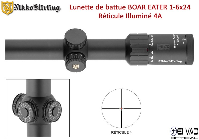 Lunette de Battue Nikko Stirling BOAR EATER 1-6x24 - Réticule 4A lumineux