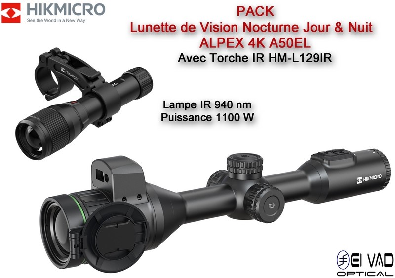 PACK Lunette HIKMICRO de Vision Nocturne ALPEX 4K A50EL - Télémètre et Torche IR 1100 mW