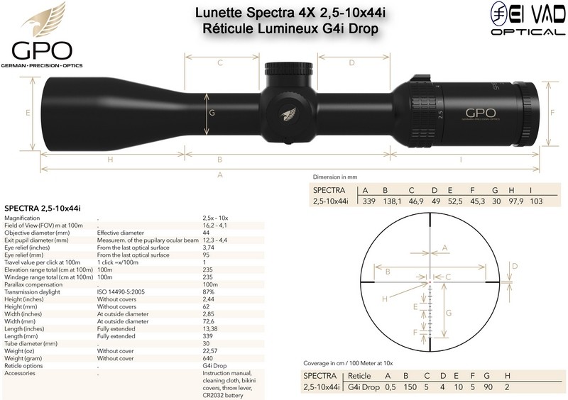 Lunette Chasse GPO SPECTRA 4X 2,5-10x44i - Réticule Lumineux G4i Drop