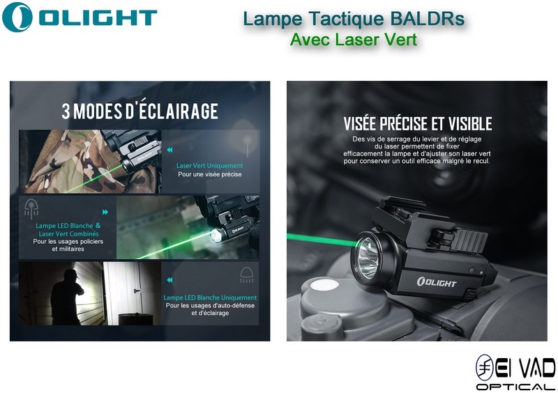 Lampe Tactique Olight Baldr S - Laser Vert - Pour Arme de Poing