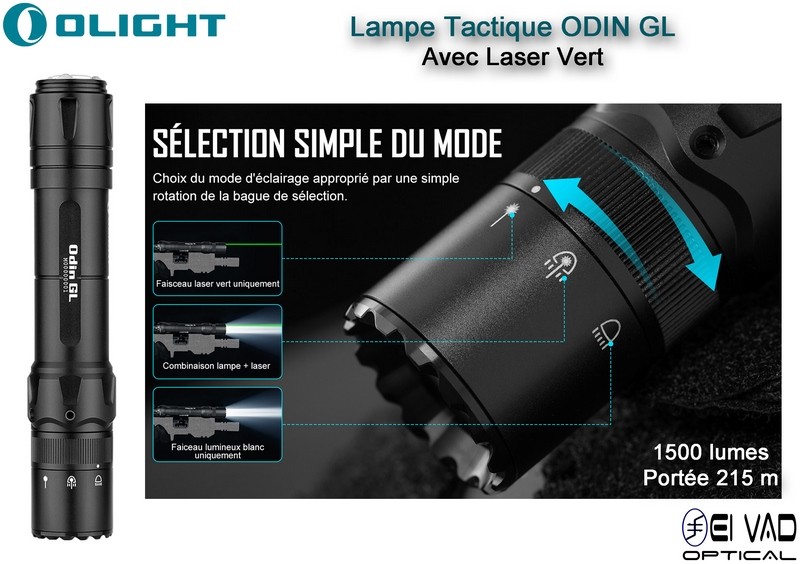 Lampe Tactique Olight ODIN GL avec Laser Vert - Montage Picatinny