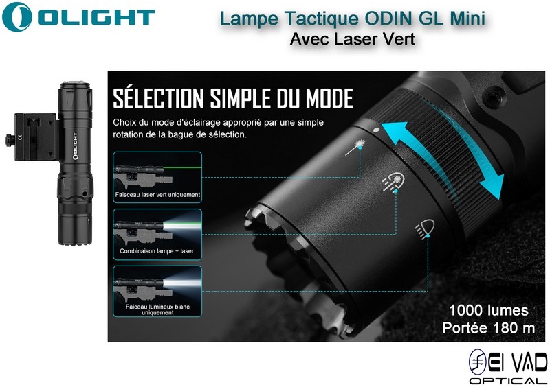 Lampe Tactique Olight ODIN GL Mini avec Laser Vert - Montage Picatinny