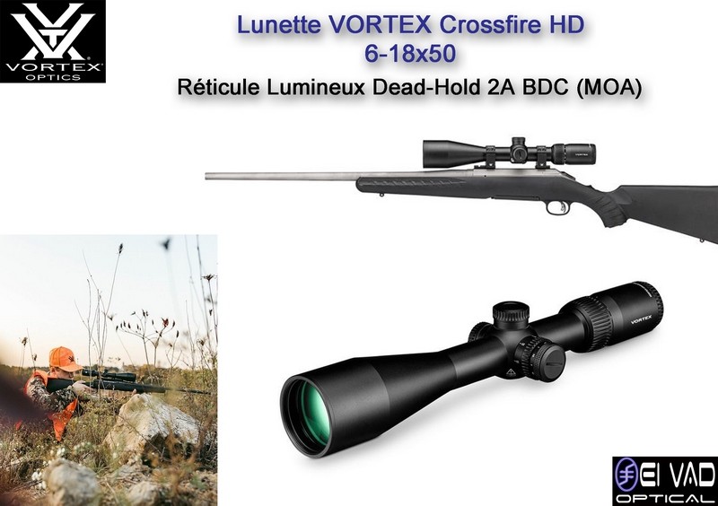 Lunette VORTEX Crossfire HD 6-18×50 – Réticule lumineux Dead-Hold 2A BDC (MOA)