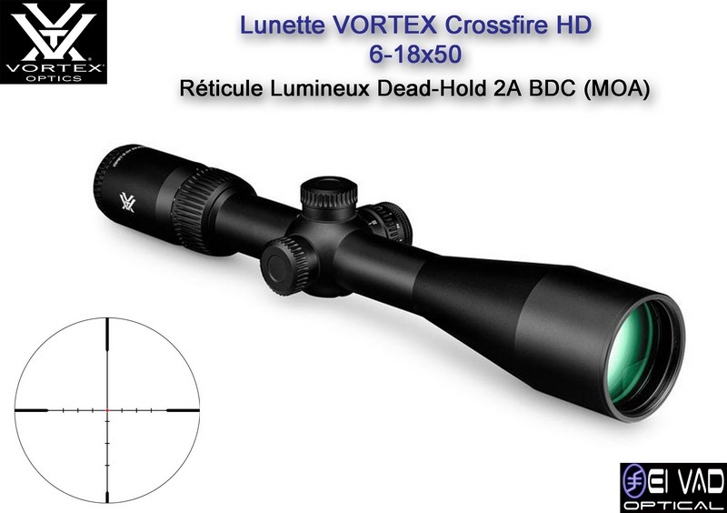 Lunette VORTEX Crossfire HD 6-18×50 – Réticule lumineux Dead-Hold 2A BDC (MOA)