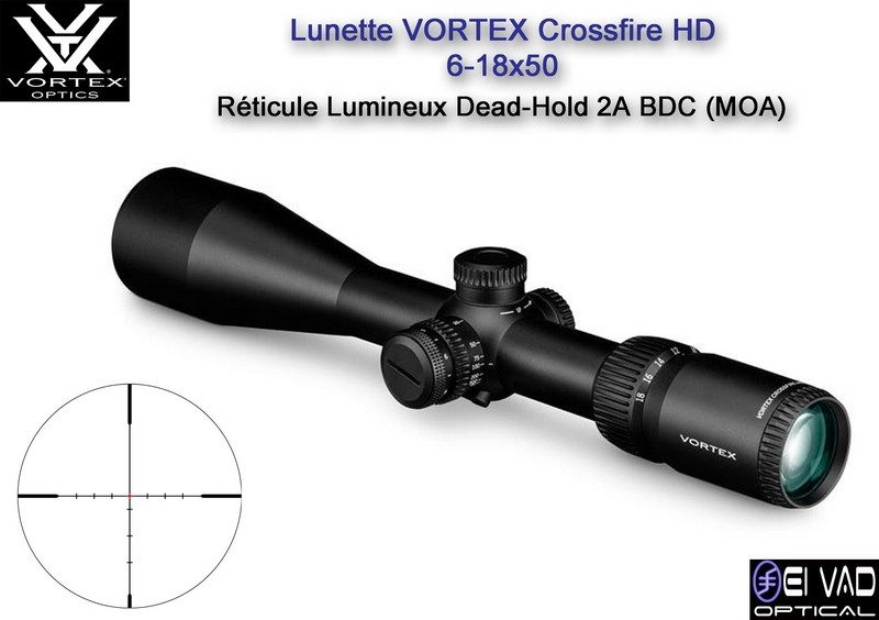 Lunette VORTEX Crossfire HD 6-18×50 – Réticule lumineux Dead-Hold 2A BDC (MOA)
