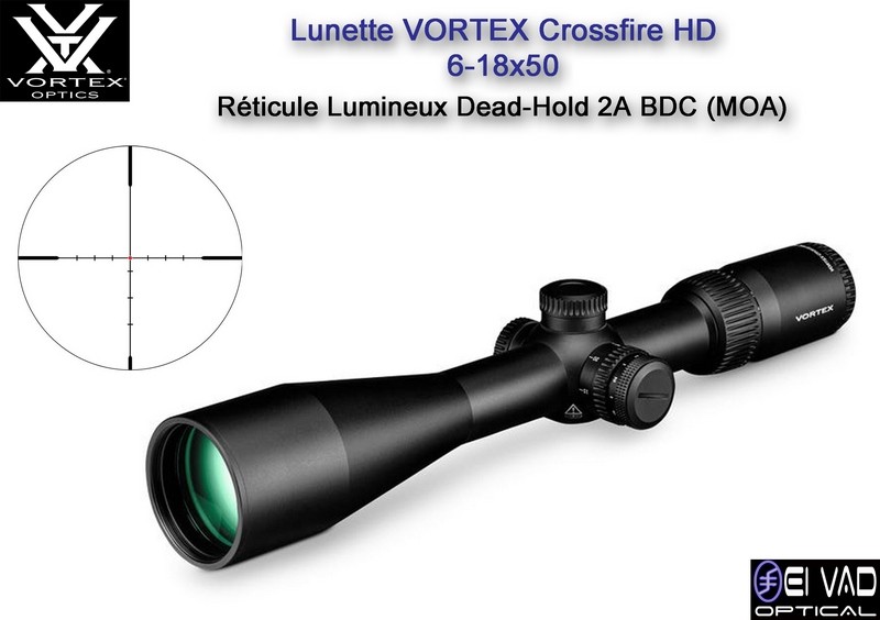 Lunette VORTEX Crossfire HD 6-18×50 – Réticule lumineux Dead-Hold 2A BDC (MOA)