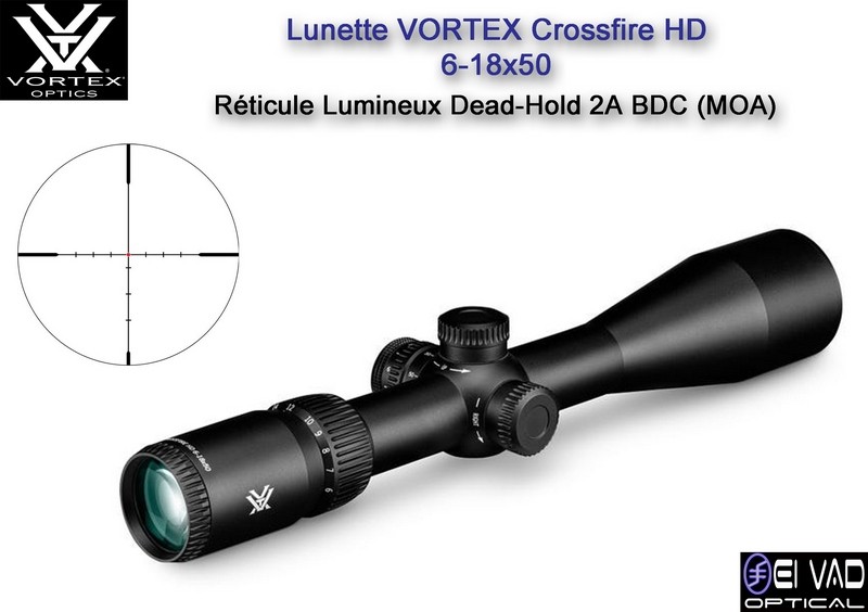 Lunette VORTEX Crossfire HD 6-18×50 – Réticule lumineux Dead-Hold 2A BDC (MOA)