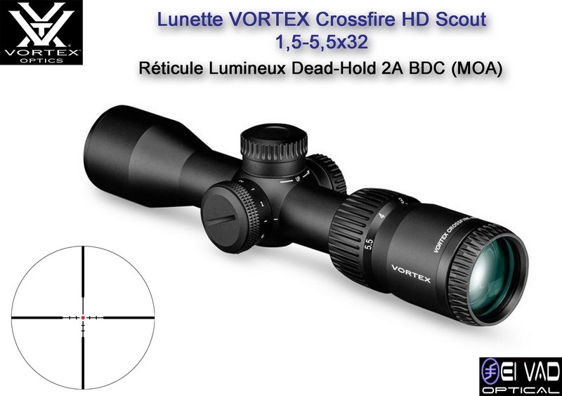 Lunette SCOUT VORTEX CrossFire HD 1,5-5,5x32 - Réticule lumineux Dead-Hold 2A BDC (MOA)