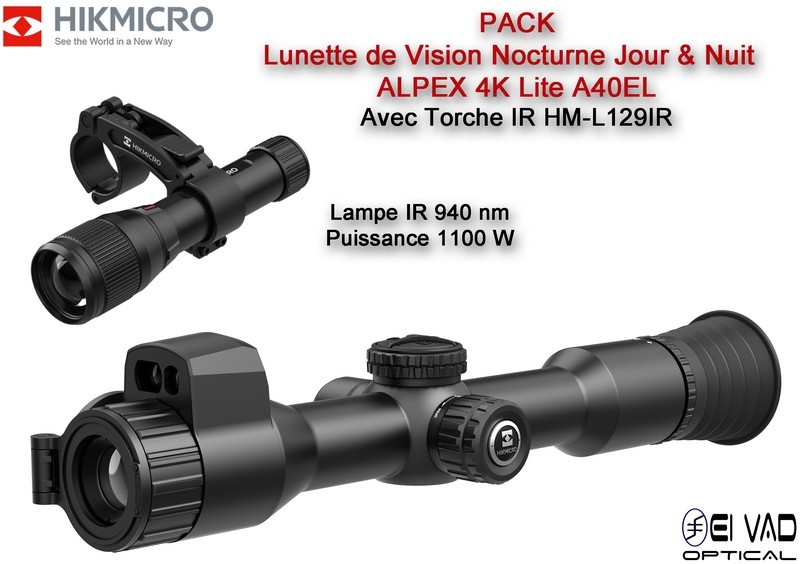 Pack Lunette HIKMICRO de Vision Nocturne ALPEX 4K Lite A40EL avec Télémètre et Torche IR 1100 mW