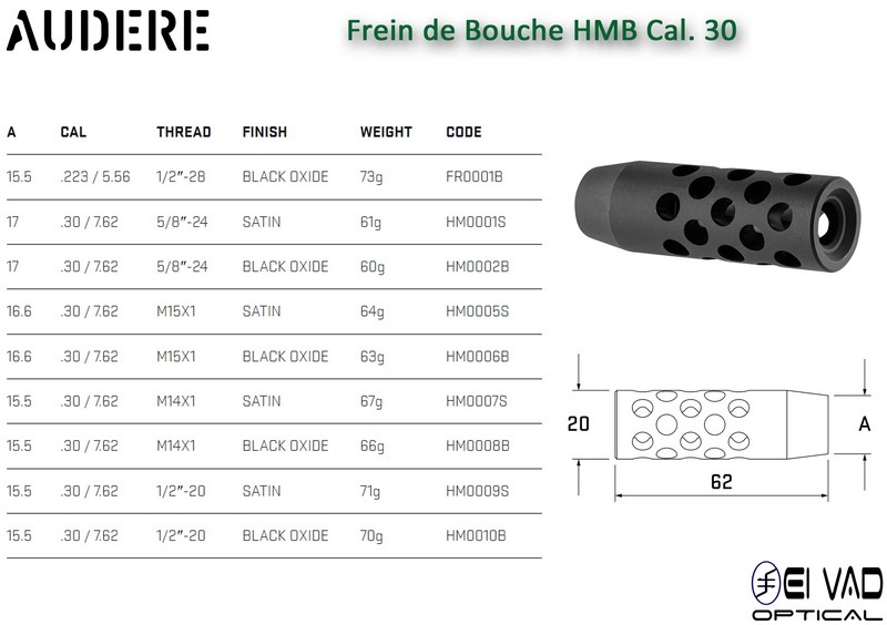 Frein de bouche AUDERE HMB noir Cal.30 / .223 - 1/2x28 UNEF