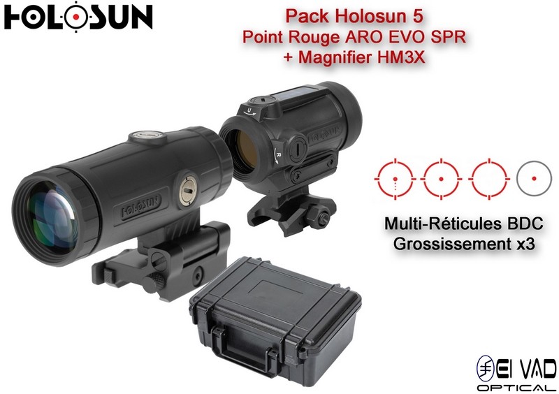 Pack Holosun 5 - Point Rouge ARO EVO SPR + Magnifier HM3X avec mallette